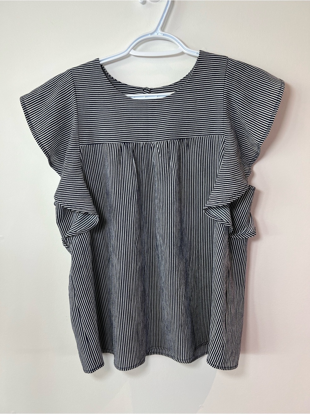 Monteau Navy and White Women’s Small Striped Ruffle Sleeve Summer Blouse